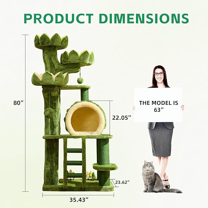 80.35'' Luxury Cat Tree for Indoor Cats, All-in-One Tall Flower Tower with Scratching Post, Multi-Level Heavy Duty Cat Tree for Indoor Cats, Solid Wood Cat Condo for Multi-Cat Families-PawvioPets