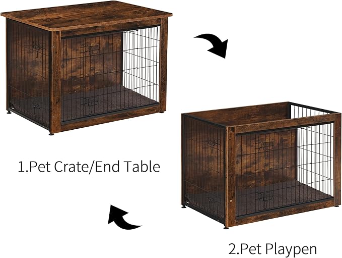 DWANTON Dog Crate Furniture with Cushion, Wooden Kennel Table with Double Doors, Indoor Dog House, Large Size, 38.5" L, Rustic Brown-PawvioPets