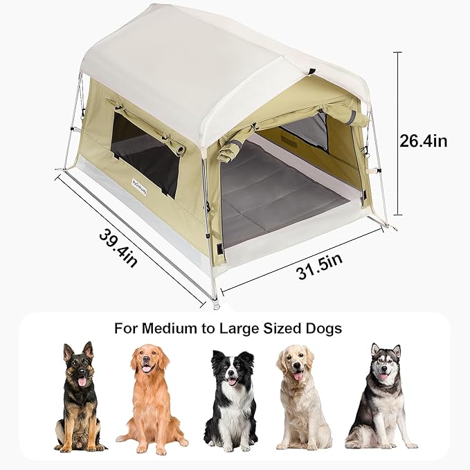 Dog Tent Cotton Fabric, Aluminum Poles and Camping Mat, Outdoor Weatherproof, Dog House Outdoor, Breathable with 2 Side Windows, Portable and Collapsible (Green, Large)-PawvioPets