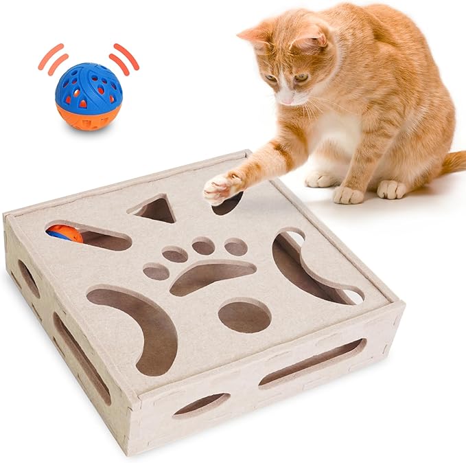 PETKARAY Felt Cat Puzzle Toy, Interactive Cat Toys for Indoor Cats, Interactive Maze for Kitten Felt Puzzle Box with Ball, Beige-PawvioPets