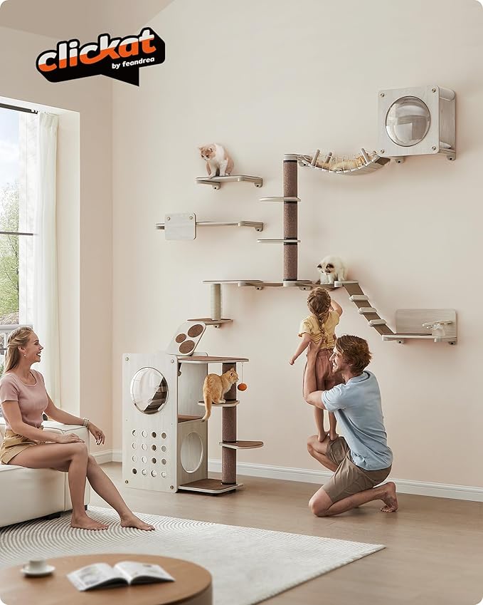 Feandrea Clickat Collection - No.006 Cat Tree Scratching Post, 39.7-Inch Tall Thicker Wall Mounted Cat Scratcher Posts, 2 Cats Perch Platform, Easy Assembly, Suit for Multi Cats Climb Play Nap Scratch-PawvioPets