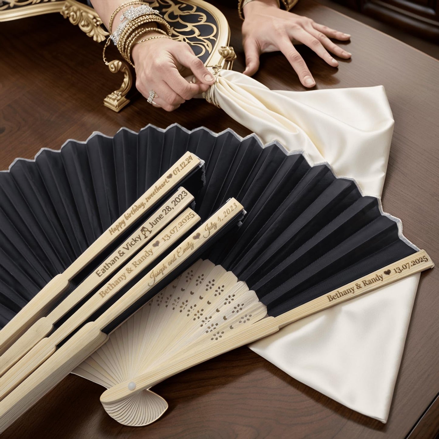 80Pcs Personalized Silk Fans Folding Hand Fan, Custom Wedding Bridal Party Favors, Summer Wedding Bride, Wedding Gift, Thank You Gift (Black)