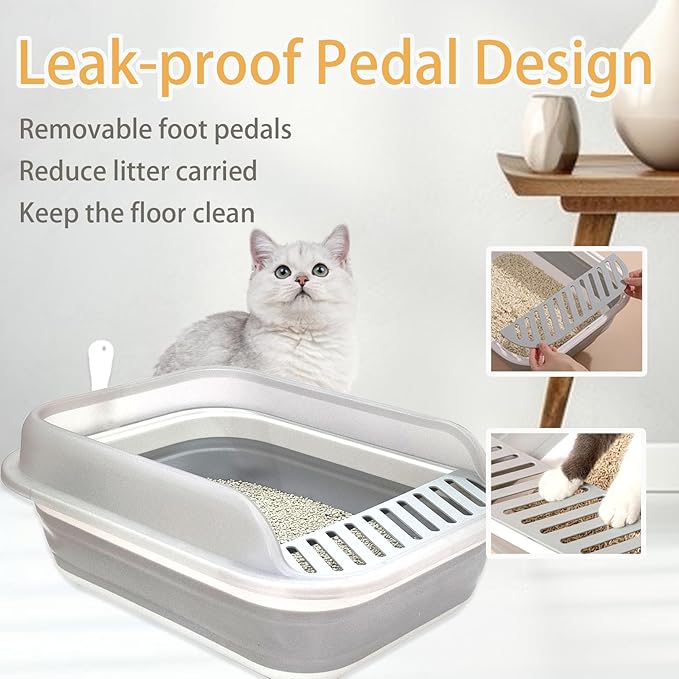 Collapsible Kitten Litter Box, Open High Sided Cat Potty Pan with Scoop Shallow Cat Toilet Anti-Splashing Low Entrance Travel Litter Box with Falling Sand Pedal for Kitty to Senior Cats-PawvioPets