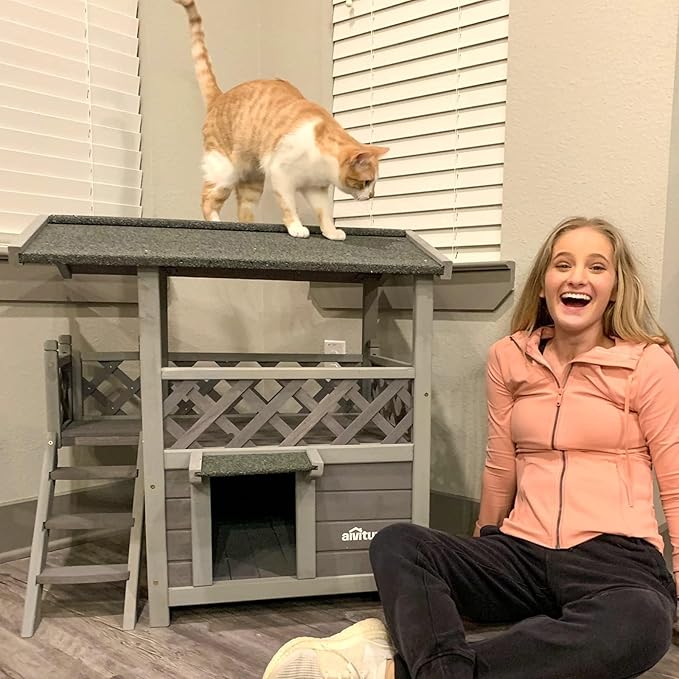 Aivituvin Cat House Outdoor Indoor Feral Kitty Shelter with Escape Door for Cats, Weatherproof Roof-PawvioPets
