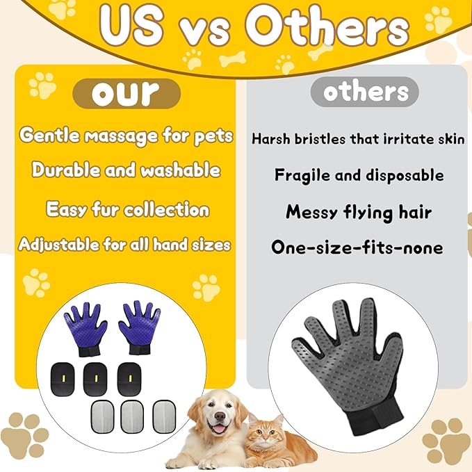 8 Pcs Pet Grooming Gloves for Shedding – 6x Reusable Cat & Dog Hair Removal Gloves+ 1 Pair 2-in-1 Deshedding Brush & Massage Mitt – Safe for Dogs & Cats, Efficient (Blue)-PawvioPets