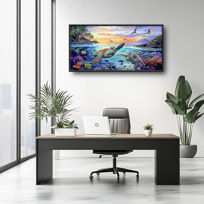 Framed Large Sea Turtle Wall Art for Living Room, Oversized Ocean Turtle Wall Decor Seascape Underwater Marine Life Canvas Painting Home Decoration for Living Room Bedroom Office 60"x30"-PawvioPets