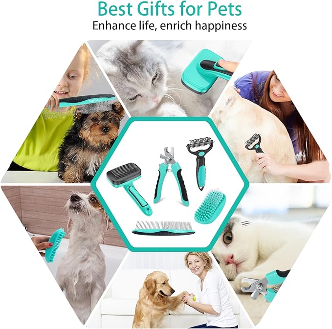 Dog Brush Kit for Grooming Short & Long Haired Dogs & Cats, 5 in 1 Pet Grooming Set for Small Animals, 5 PCS Puppy Self-Cleaning Slicker Brush and Pet Comb for Shedding Medium & Large Dogs-PawvioPets