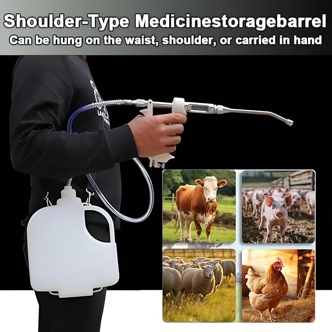10ML Veterinary Metal Feeding Gun, Continuous Drench Gun Dosing Device Veterinary Adjustable Medicine Dispenser Husbandry Autonomous Feeding Tool, for Pig Cow, Sheep, Horse (White Color, 10ML+Kettle)-PawvioPets