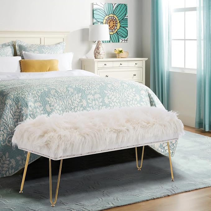 46 Inch White Bedroom Bench, Benches for Bedroom White Faux Fur Upholstered Bed end Bench, Tufting Ottoman Bench Indoor Bench with Metal Legs for Living Room Bedroom Entryway, White-PawvioPets