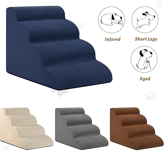 4-Step Dog Stairs and Ramp for Beds or Couches,Non-Slip Sturdy Pet Steps for Small Dogs and Cats,17.4" H,Blue-PawvioPets