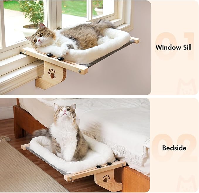 AMOSIJOY Cat Sill Window Perch Sturdy Hammock Window Seat with Cushion Bed Cover, Wood & Metal Frame for Large Cats, Easy to Adjust Cat Bed for Windowsill, Bedside, Drawer and Cabinet (M)-PawvioPets