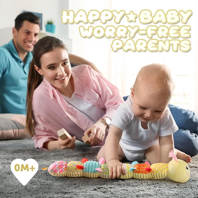 Baby Toys 0 to 12 Months, Musical Stuffed Animal Activity Soft Toys with Multi-Sensory Crinkle, Rattle and Textures, Infant Tummy Time Toys for Newborn Boys Girls, Caterpillar, Yellow-PawvioPets