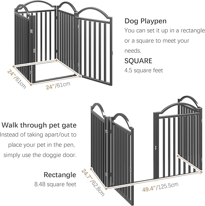 BHG Metal No-Assembly Freestanding Dog Gate with Door Walk Through, Extra Wide 96", Extra Tall 32" Pet Gate, Accordion Puppy Folding Playpen Dog Fence for Indoor & Outdoor, with 2PCS Support - Black-PawvioPets