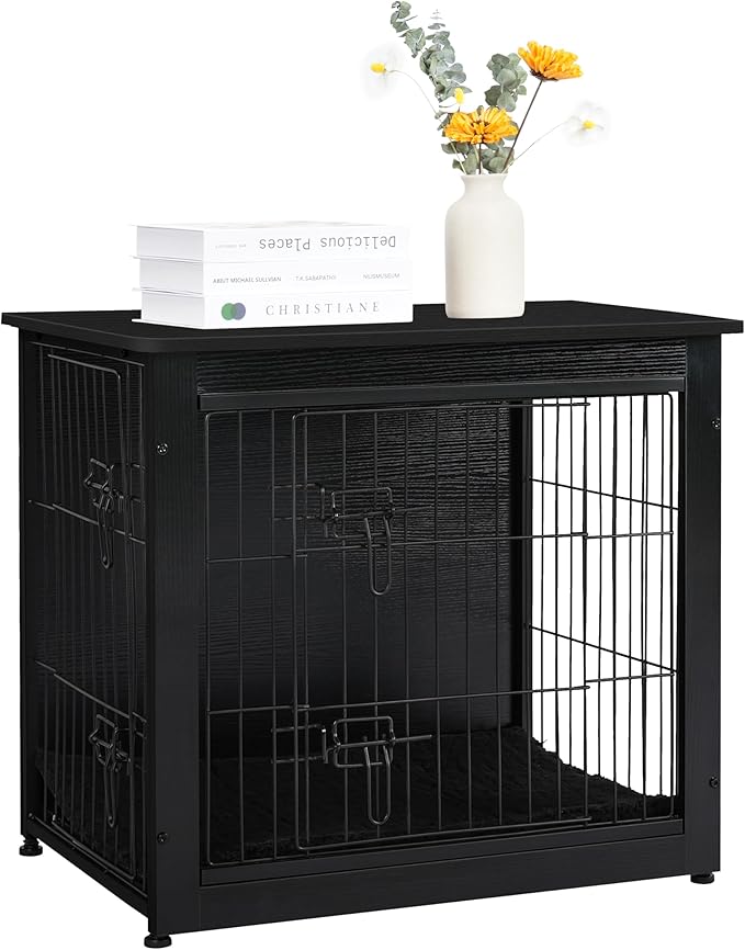 DWANTON Dog Crate Furniture with Cushion, Wooden Kennel Table with Double Doors, Indoor Dog House, Small/Medium/Large Size, 27.2" L, Black-PawvioPets