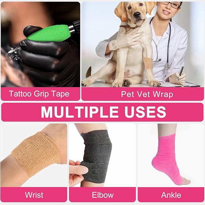 24 Pack Pink Self Adhesive Bandage Wrap, 2” x 5 Yards Cohesive Vet Wrap Elastic Athletic Tape Grip Tape Sports Tape for Ankle, Wrist Sprains, Medical, Pet First Aid (Pink, 2 Inch)-PawvioPets
