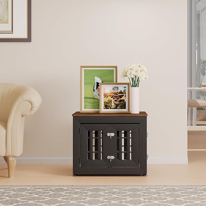 26" Heavy Duty Dog Crate Furniture for Small,Medium and Large Dogs,Rustic Wooden Dog Cage Kennel Indoor Furniture with Waterproof Top,Decorative Pet House Side End Table (Black & Wood)-PawvioPets