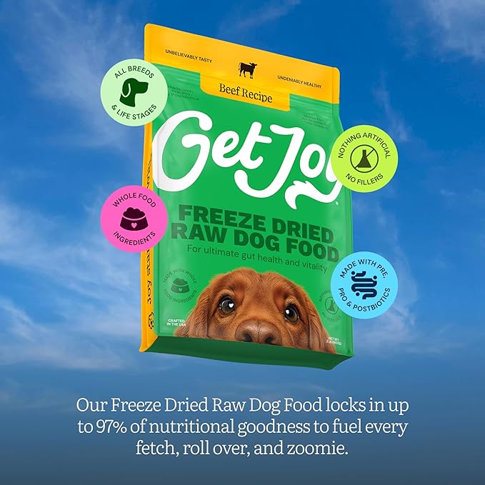 Get Joy Gut Health Fresh Freeze Dried Raw Meal, Beef Recipe, 16 Ounce Bag, Dog Food for Dogs of All Breeds and Life Stages, PhD Animal Nutritionist Formulated, USDA Beef, Made in USA-PawvioPets