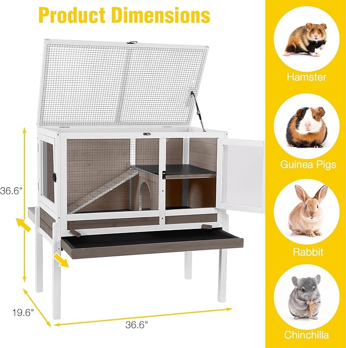 AIVITUVIN Wooden Guinea Pig Cage Indoor with Cooling Plate and Anti-Chewing Edges Two-Story Rabbit Hutch Pull Out Tray Outdoor Rabbit Cage with Raised Stand and Wire Mesh Small Animals Cage (Brown-PawvioPets
