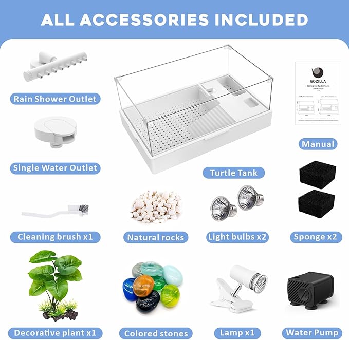 GOZILLA Large Turtle Tank Kit+Water Pump+Lamp, Acrylic Turtle Tank Starter Kit with Adjustable 5W Water Pump and Timing/Dimming Lamp, Multi-Functional Area for Small/Medium Turtles(Large-White Kit).-PawvioPets