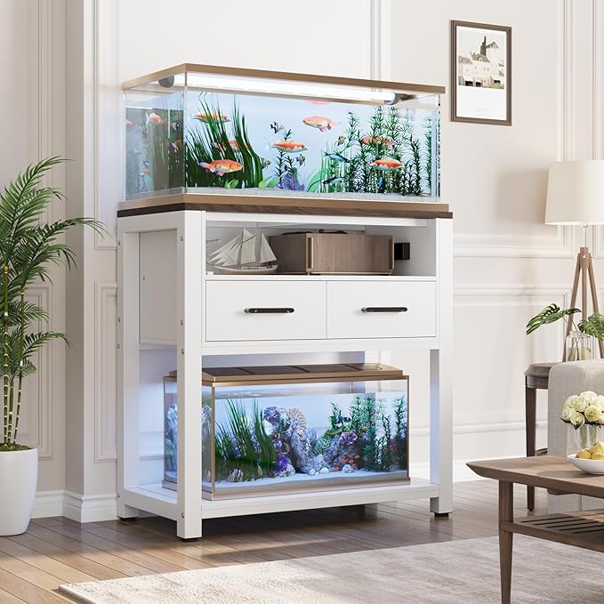 20-29 Gallon Aquarium Stand with Stable Metal Frame & Power Outlet, Heavy-Duty Fish Tank Stand with Waterproof Mat, 550LBS Capacity Storage Cabinet, White+Brown-PawvioPets