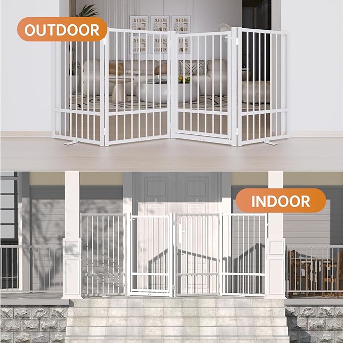 Full Metal Freestanding Dog Gate with Door, 32''Height Foldable Pet Dog Fence for Indoor & Outdoor, 8 Panels Extra Wide Free Standing TallDog Gates for Doorways,House,Stairs,Porch,Deck,Yard-PawvioPets