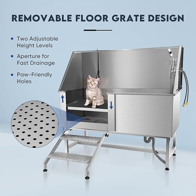 Dog Bathtub XL Professional 62inch Dog Washing Station Stainless Steel Pet Grooming Tub for Extra Large Dogs Wash Tub, Medium, Small Dogs Cats with Left Sliding Doors, Steps, Right Faucets-PawvioPets