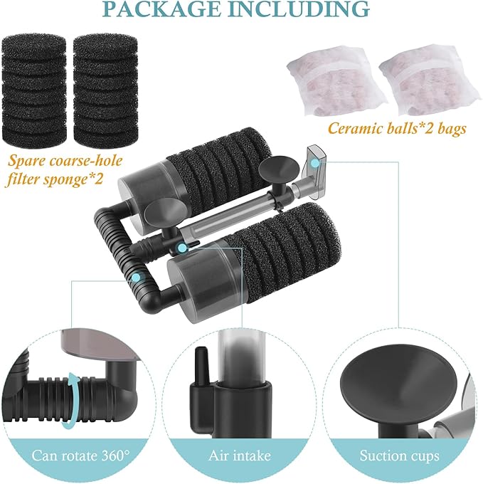 Air Powered Aquarium Sponge Filter with Biochemical Sponge and Ceramic Balls, Quiet Submersible Fish Tank Filter for 8-20Gallon (M-6.7in)-PawvioPets
