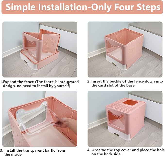 Foldable Cat Litter Box with Lid, Enclosed Potty, Large Top Entry Anti-Splashing Toilet, Easy to Clean Including Litter Scoop and 2-in-1 Cleaning Brush (Pink)-PawvioPets