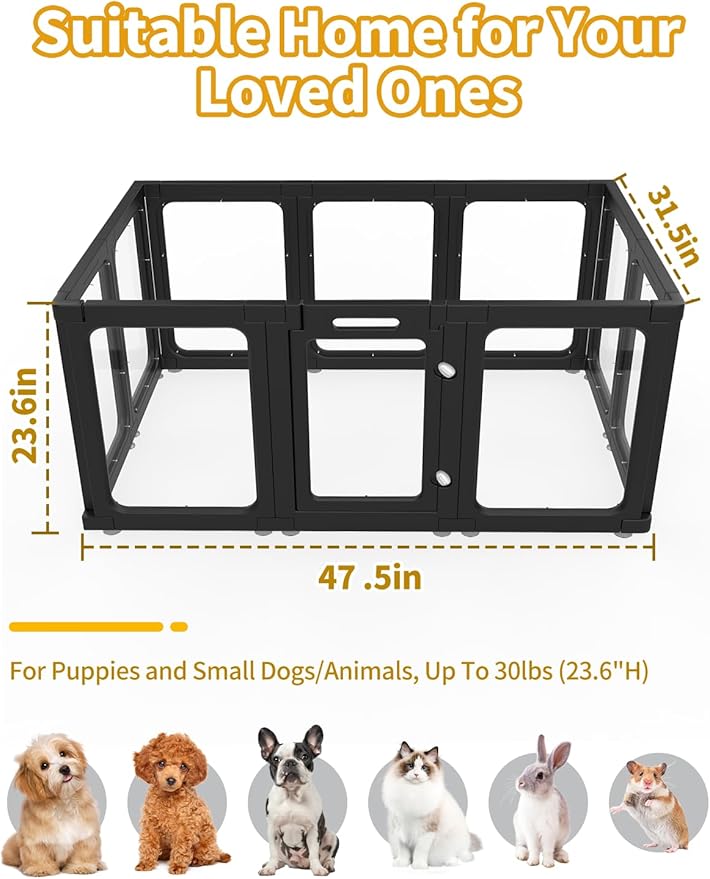 Dog Playpen, Clear Acrylic Plastic Puppy Playpen Indoor, Pet Pen for Puppy Cat Bunny, Transparent Easy Assemble Foldable Whelping Box for Dogs, Puppy Playpen with Gate (23.6" Height, 10PCS)-PawvioPets
