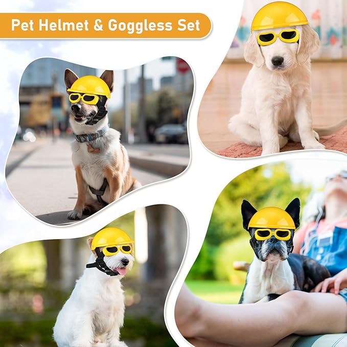 Frienda Dog Helmet and Goggles, UV Protection Doggy Sunglasses and 4 Inch Padded Puppy Motorcycle Helmet Adorable Dog Goggles with Adjustable Belt for Small Dogs Puppy Riding (Yellow,L)-PawvioPets