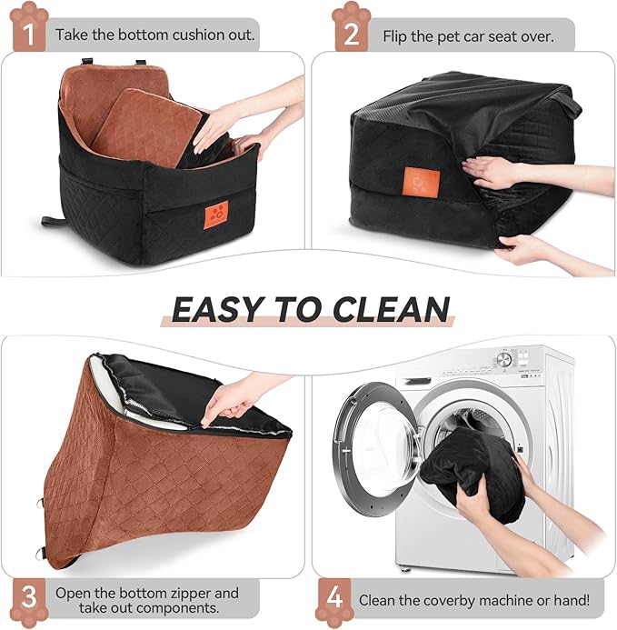 Dog Car Seat for Small/Medium Dogs, Dog Booster Car Seats with Thick Cushion for Dogs Under 35lbs, Detachable Washable Pet Car Seat with Storage Pockets, 2 Safety Belts(Black/Brown)-PawvioPets