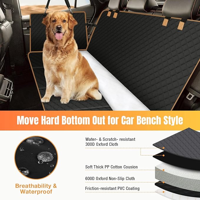 Dog Car Seat Cover for Back Seat, Dog Car Bed Cover with Strong Hard Bottom 4 Panels, Car Back Seat Extender Hammock for Car SUV Truck Black Color-PawvioPets