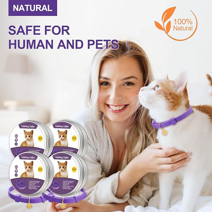 4 Pcs Cat Calming Collar Adjustable Lavender Scent Relaxing Cat Collar with 2 Pendant for Puppies Reduce Stress Aggression Anxious, up to 15 Inches(Purple, Gold)-PawvioPets