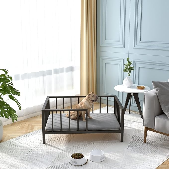 Dog Bed with Rails - Elevated Pet Metal Bed Frame with Solid Wood Board and Washable Soft Mat for Medium Dog Indoor or Outdoor Use, 25.2" x 37.8", Black-PawvioPets