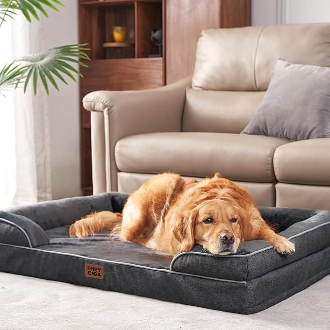 EHEYCIGA Orthopedic Dog Beds for Large Dogs, Waterproof Memory Foam Large Pet Bed with Sides, Non-Slip Bottom and Egg-Crate Foam Dog Couch Bed with Washable Removable Cover, Dark Grey-PawvioPets