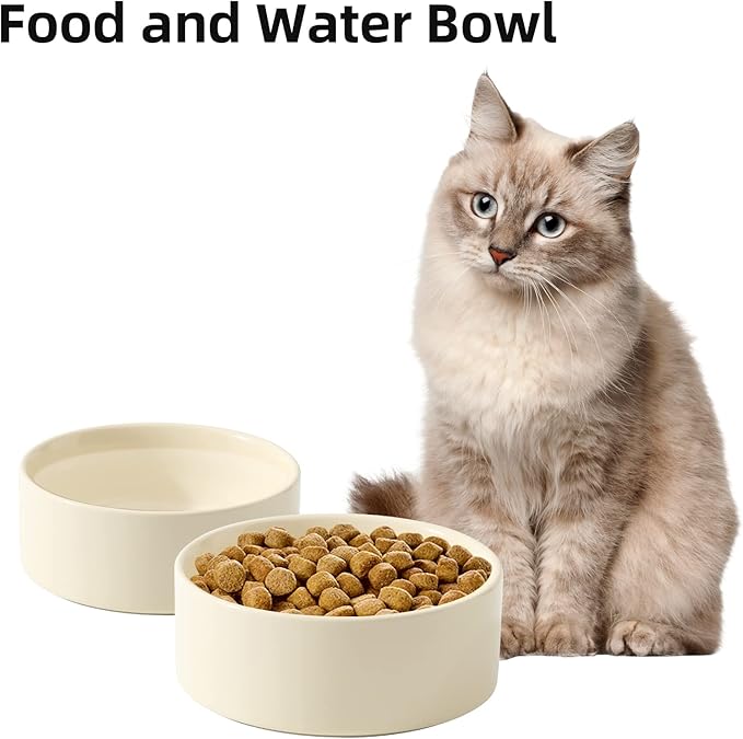 Ceramic Set of 2 Cat Bowls, Food and Water Bowls for Cats, Kitty, 2pcs Cat Dishes, Pet Feeder(5.1inch, 2 x Beige Bowls)-PawvioPets