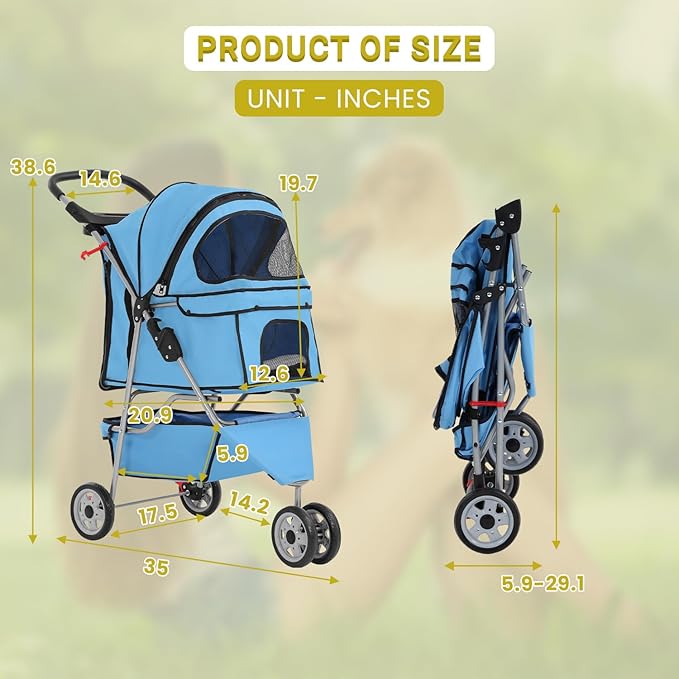 Foldable Pet Stroller for Cats and Dogs 3 Wheels Carrier Strolling Cart with Weather Cover, Mesh Panels,Storage Basket Cup Holder,Blue-PawvioPets