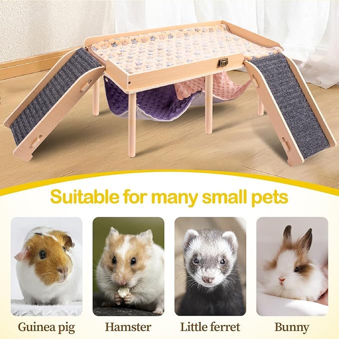 Enlarged Guinea Pig Hammock with Platform and Stairs,Wooden Foldable Piggies Hideout for Guinea Pigs Bunny Ferret Hamster Hiding Sleeping Activities 24L x 12W x 11H in(Double)-PawvioPets