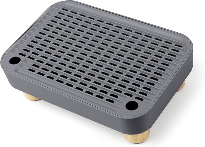 Cat Litter Box Step Ramp, Cat Litter Catcher Mat with Wooden Feet, Filter Function, Cat Pedal Stool for Self-Cleaning Cat Litter Box, Ideal for Kitten & Elderly Cats (Dark Grey)-PawvioPets