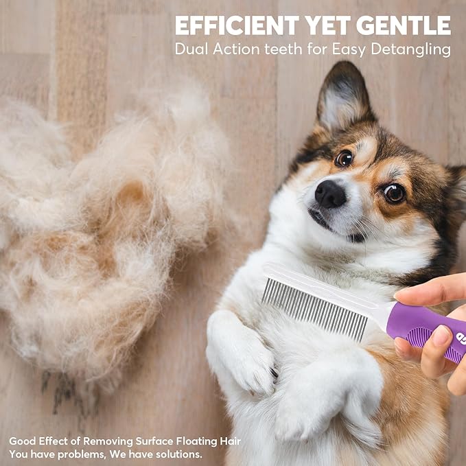 Detangling Pet Comb for Dogs & Cats with Long & Short Stainless Steel Metal Teeth for Removes Tangles and Knots - Detangler Grooming Tool for Dematting Matted Fur.-PawvioPets