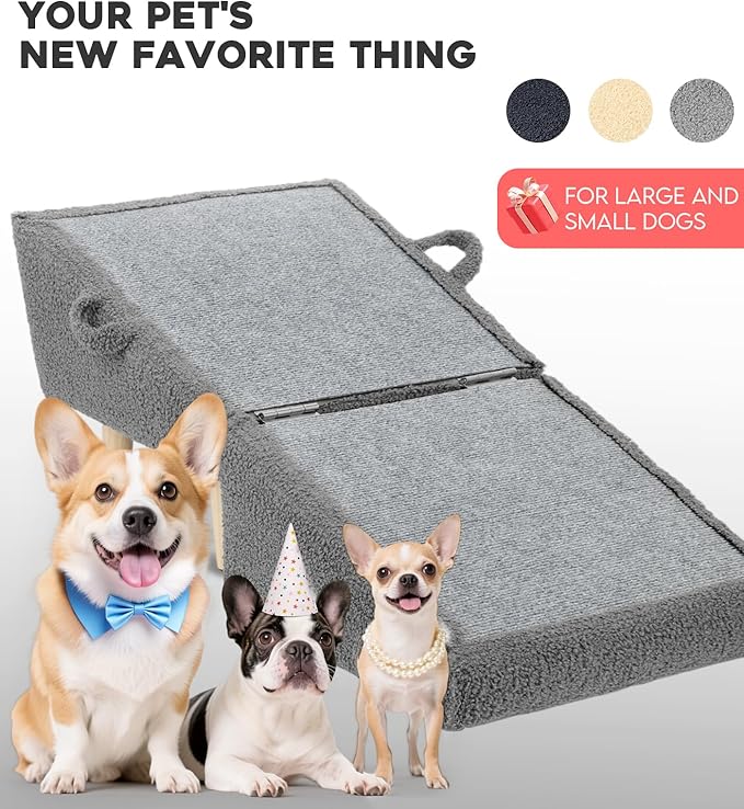 Dog Stairs for Small Dogs and Cats – 2-in-1 Dog Ramp for Bed and Couch, 16.5'' Foldable Wooden Pet Steps, Sturdy Multi-Use Split Ottoman Design, Dark Grey-PawvioPets