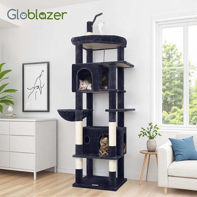 Globlazer Large Cat Tree Tower, Tall Cat Tree Condos for Indoor Cats Large Adult Cat Climbing Tower with 2 Spacious Caves, Oversized Top Perch, Big Hanging Basket, Cat Teaser Wand, F74B, Dark Grey-PawvioPets