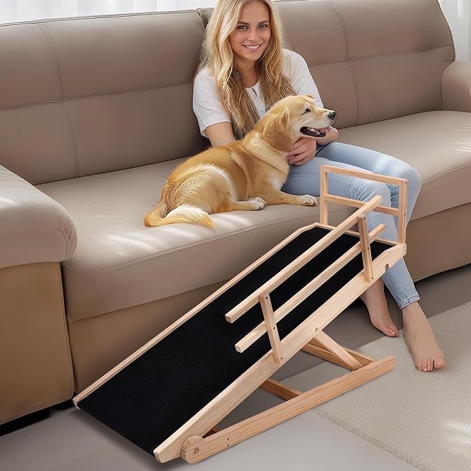 Dog Ramp, 5 Level Adjustable Wooden Folding Pet Ramp for Middle Bed, Couch,SUV-High Traction, Portable Paw Ramps for Small & Large Old Dogs & Cats - Furniture Quality-PawvioPets