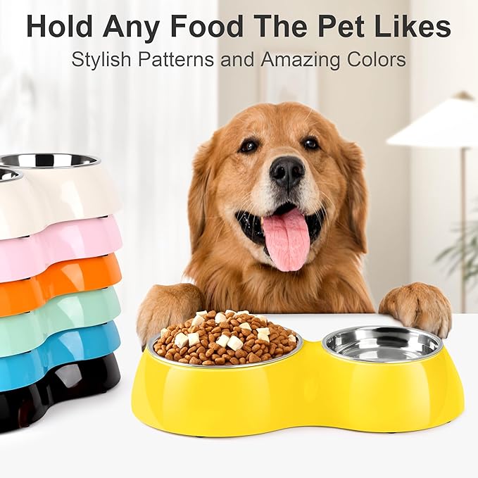 Elevated Dog Bowls Set - Non-Slip Raised Pet Feeder with Medium (2 Cups) & Large (4 Cups) Stainless Steel Bowls - Includes Durable Resin Stand for Puppies, Adult Dogs & Cats - Yellow-PawvioPets