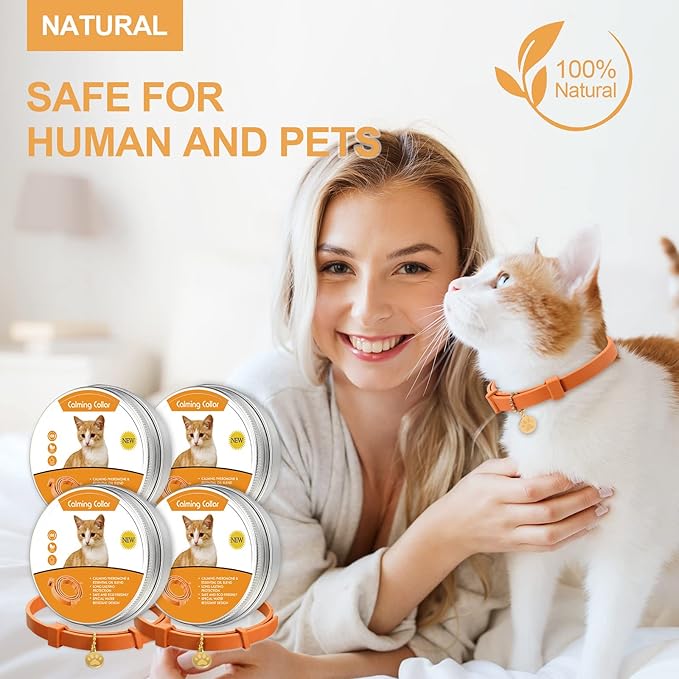 4 Pcs Cat Calming Collar Adjustable Lavender Scent Relaxing Cat Collar with 2 Pendant for Puppies Reduce Stress Aggression Anxious, up to 15 Inches(Orange)-PawvioPets