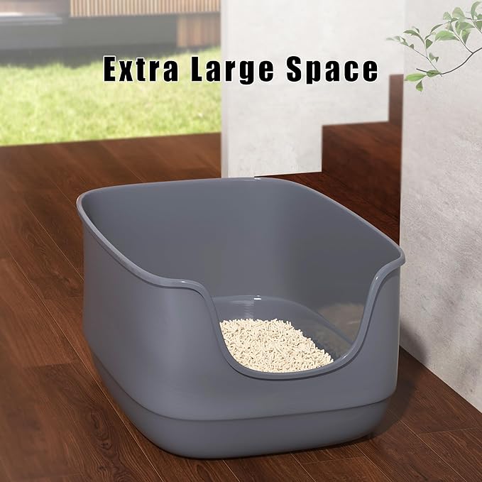 Gefryco Large Cat Litter Box with High Sided 24.6"x18.3"x12.2" - Jumbo Extra Large Open Anti - Splashing High Wall for Multiple Cats (Grey)-PawvioPets