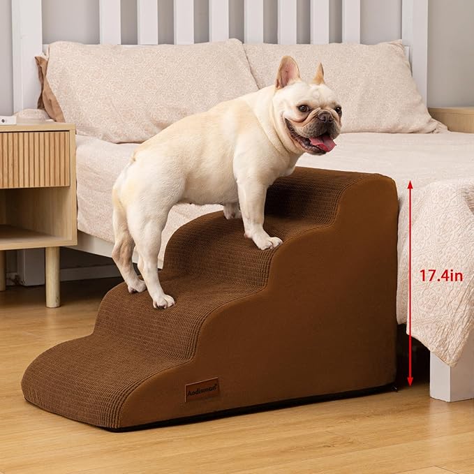 4-Step Dog Stairs and Ramp for Beds or Couches – Non-Slip Sturdy Pet Steps for Small Dogs and Cats,17.4" H,Brown-PawvioPets