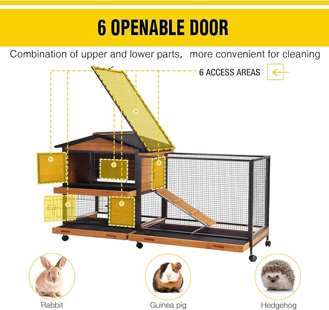 AIVITUVIN Rabbit Hutch Indoor with Metal Frame Rabbit Cage with Pull Out Tray No Leakage Bunny Cage with Wheel Guinea Pig Cage-PawvioPets
