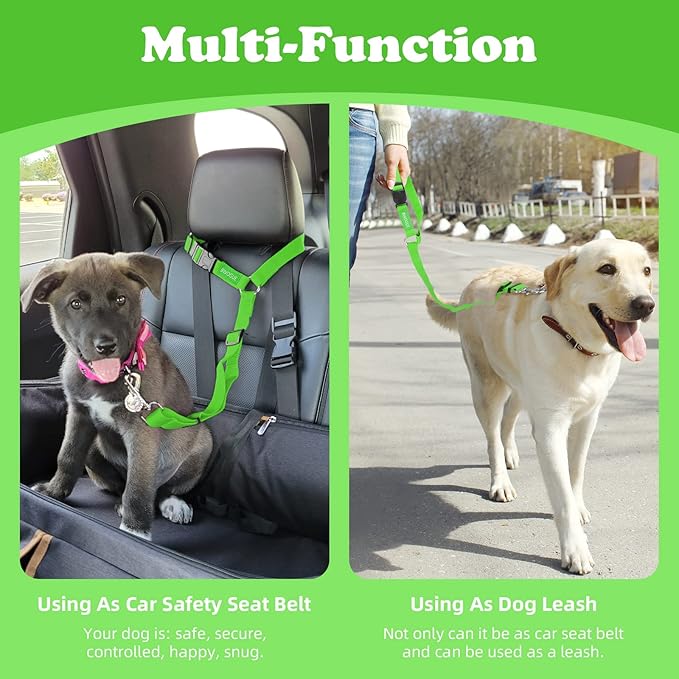 BWOGUE 2 Packs Dog Cat Safety Seat Belt Strap Car Headrest Restraint Adjustable Nylon Fabric Dog Restraints Vehicle Seatbelts Harness Green-PawvioPets