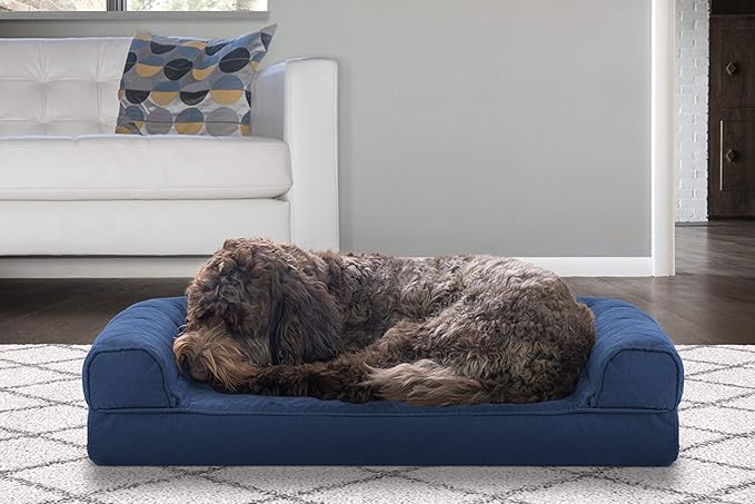 Furhaven Cooling Gel Dog Bed for Medium/Small Dogs w/ Removable Bolsters & Washable Cover, For Dogs Up to 35 lbs - Quilted Sofa - Navy (Blue), Medium-PawvioPets
